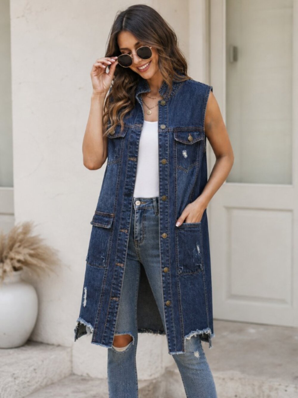 mid-long denim jean vest jacket